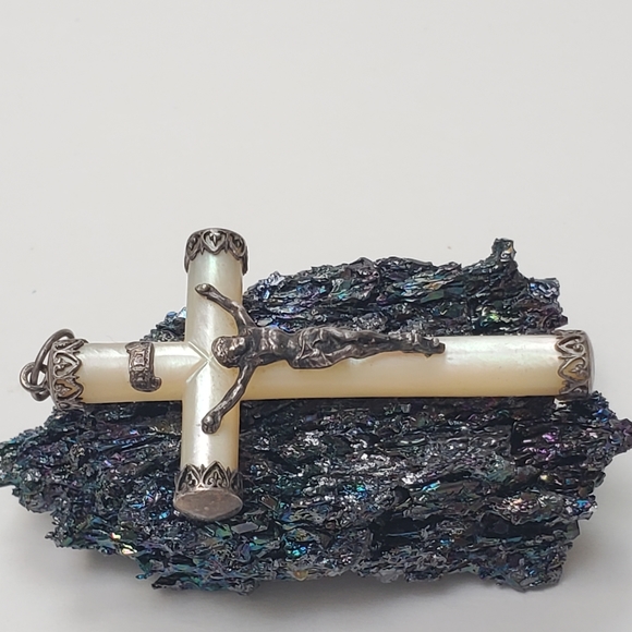 Antique French Mother of Pearl Cruxific 1800 Pendant Sterling Silver Large - Picture 7 of 11